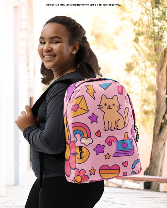 Smiling school girl wearing a pink cat backpack with rainbows and hearts, perfect for ages 5-12 back-to-school in Canada and USA.