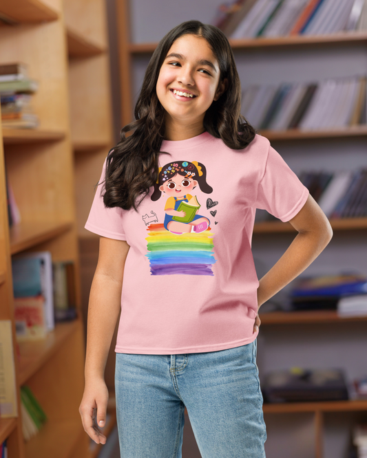 Curious Girl on Rainbow | Soft & Colorful Tee for School Girls