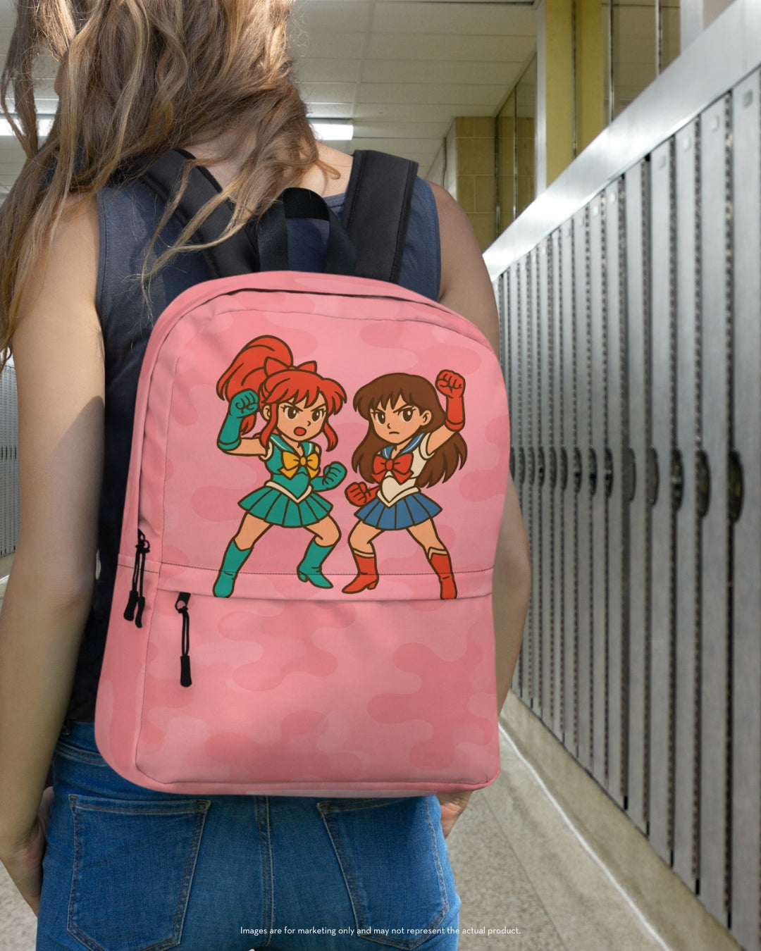 Back view of a student walking through a school hallway wearing a pink camouflage backpack featuring two anime-style heroines in colorful uniforms, ideal for girls aged 5–12.