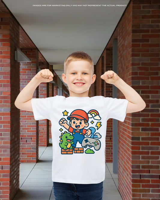 Smiling young boy wearing a white kawaii retro gaming t-shirt featuring a happy boy character, cute green dinosaur, and playful game controller design, perfect for school boys ages 5–12 and nostalgic moms.