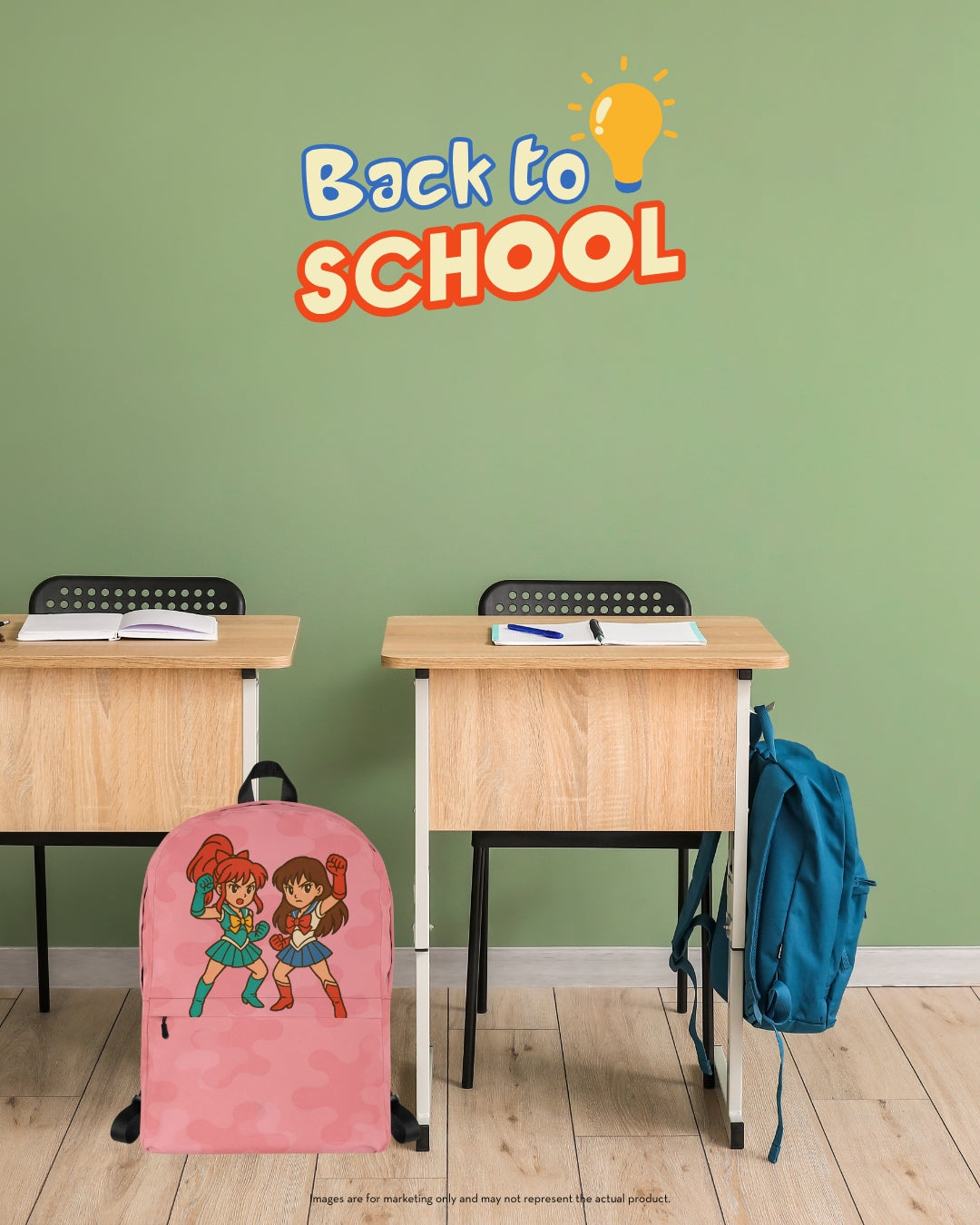 Pink camouflage backpack with two anime-style heroines in colorful uniforms placed on a classroom desk under a “Back to School” sign, perfect for school girls aged 5–12.