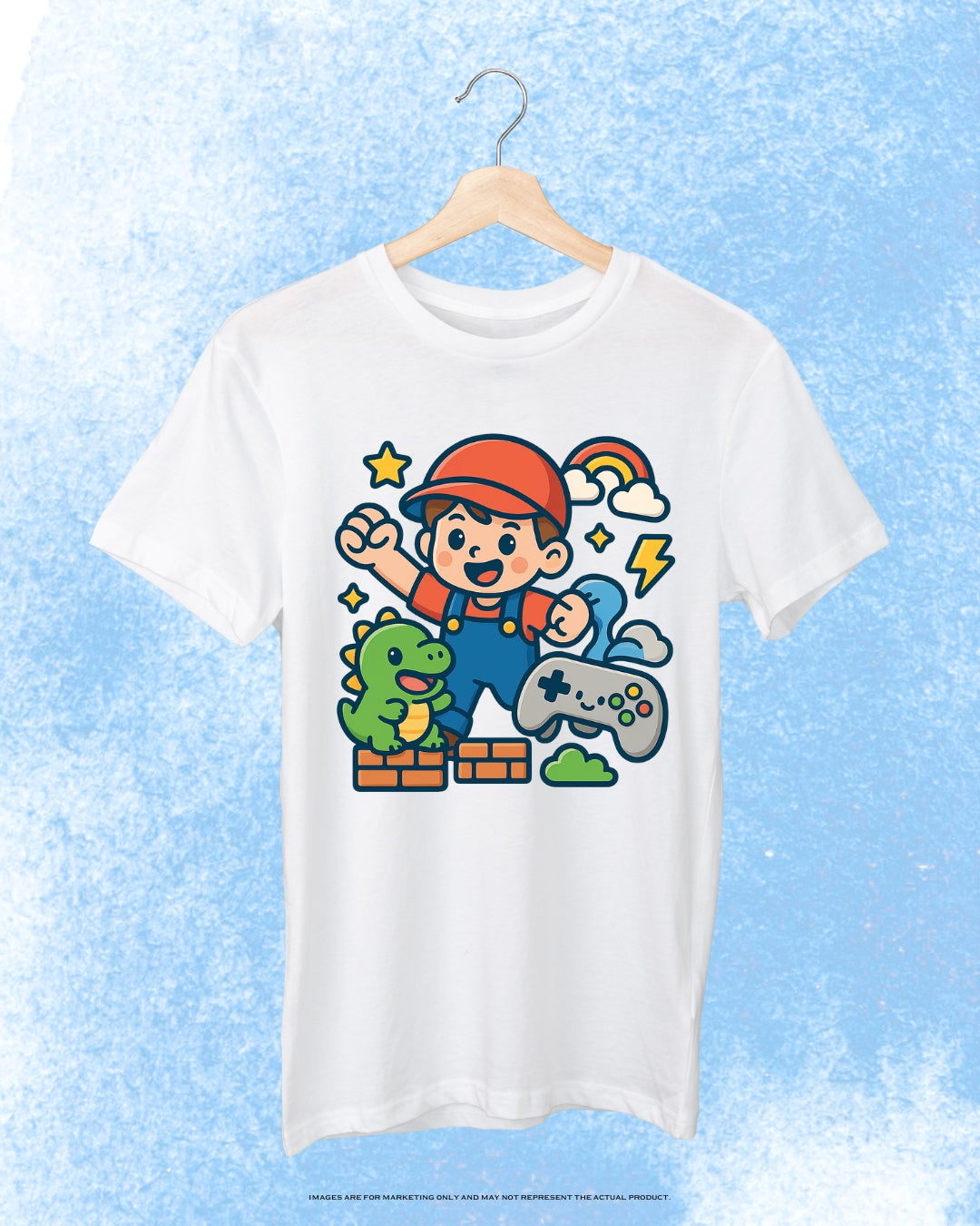 White youth-size t-shirt displayed on hanger with colorful kawaii design of happy boy, green dinosaur, rainbow, lightning bolt, and game controller, in retro 1980s–1990s cartoon style, perfect for boys ages 5–12.